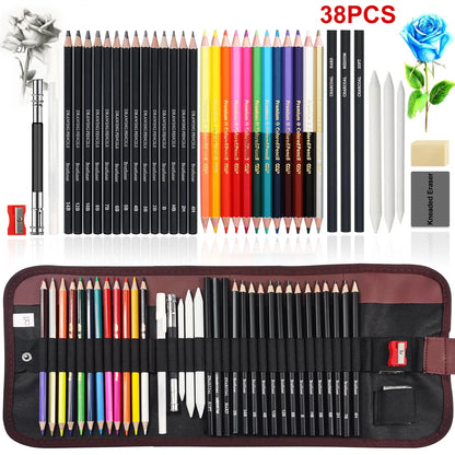Colored Pencil Set – 36/38/50/72 Premium Artist Pencils with Handmade Canvas Wrap & Accessories