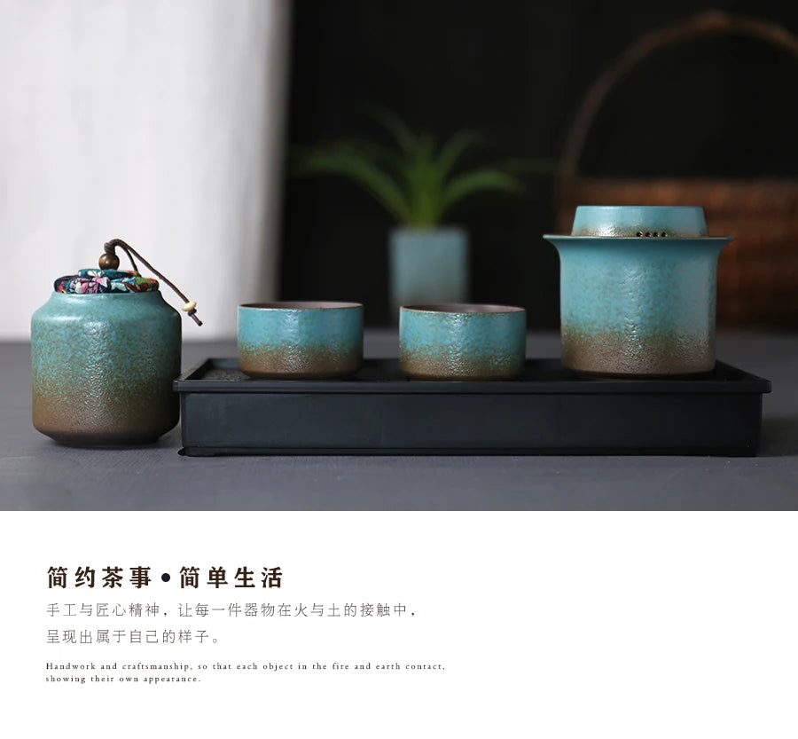 Vintage Spring Green Pottery One Kettle One Cup with Lid 4 Mini Cups Tea Caddy, Simple Small Tea Set Handwork and Craftsmanship