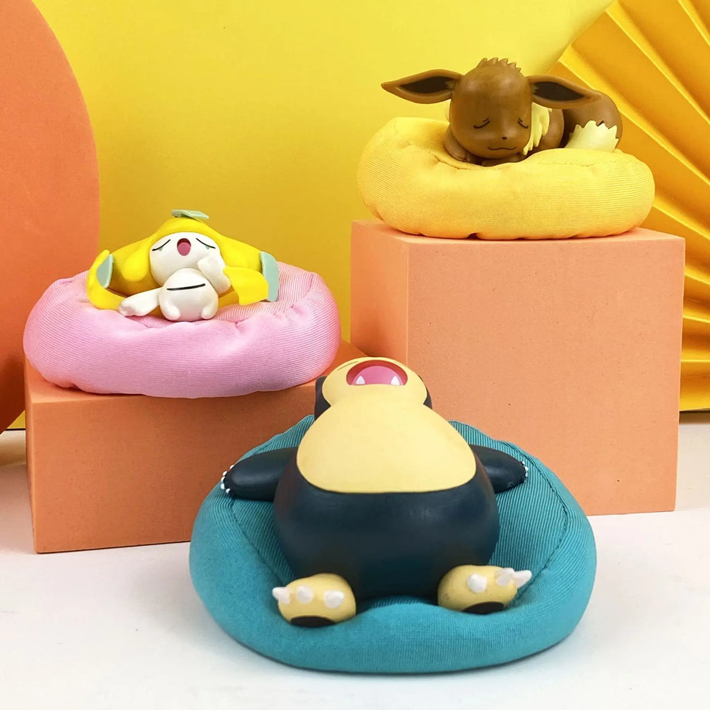 Mini Pokemon Anime Figurines, Sleeping Bean Bag Pikachu Bulbasaur Snorlax Evee Jirachi Komala 6pc Figure Set