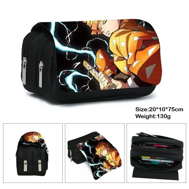 Anime Demon Slayer Pencil Case: Student Bilayer Storage Bag, Cartoon Pen Box, Cosplay Props Accessories