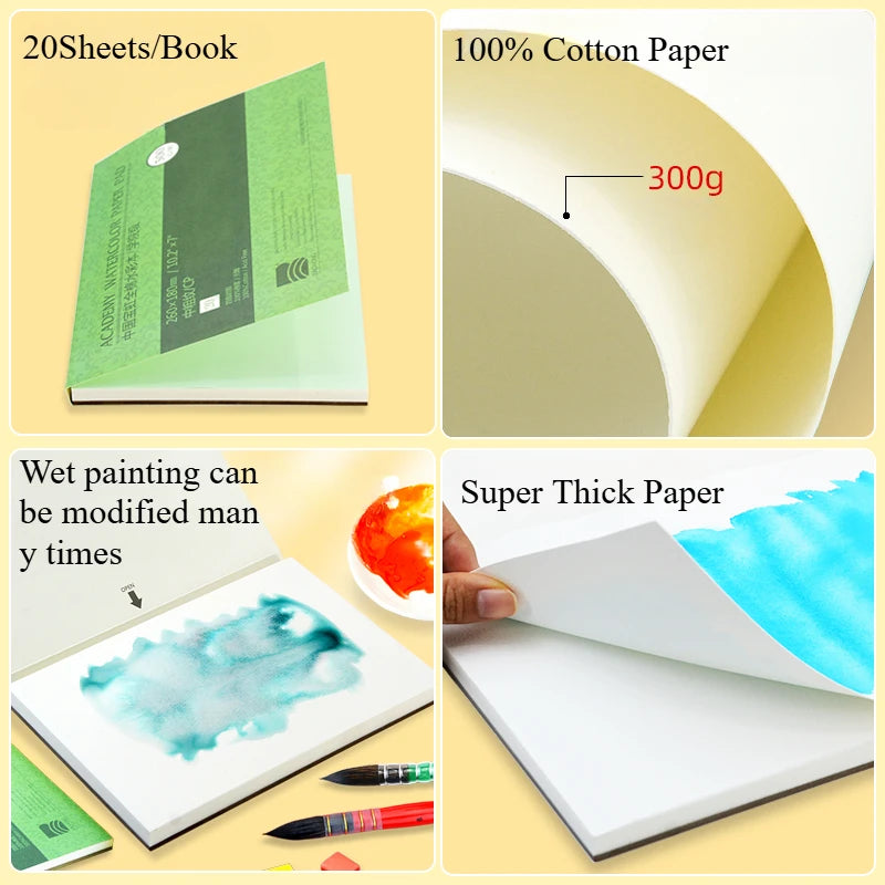 Premium Watercolor Paper Block – 20 Sheets, 300 GSM (140 LB) Acid-Free, Glue Bound for Wet & Dry Media