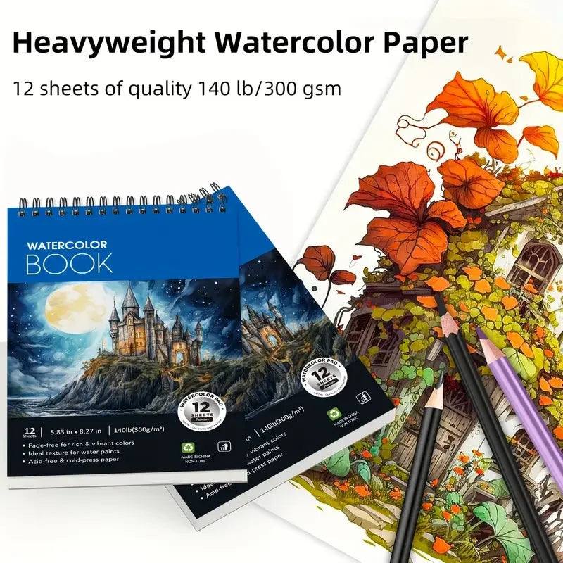 12 Sheets 2 PCS Watercolor Sketchbook 14.81 x 21.01 cm, Cold Press Paper (63.5KG/300gsm) Spiral Bound