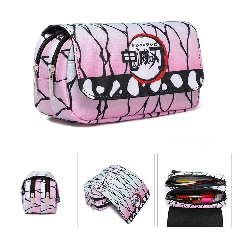Anime Demon Slayer Pencil Case: Student Bilayer Storage Bag, Cartoon Pen Box, Cosplay Props Accessories