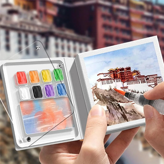 Portable Mini Watercolor Sketchbook with Paint Tray - 50 Sheets, Medium Thick Paper, Ideal for On-the-Go (Paint Not Included)