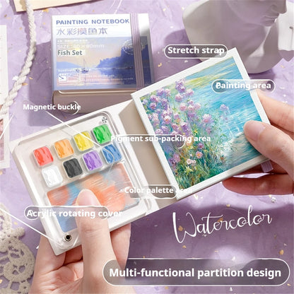 Portable Mini Watercolor Sketchbook with Paint Tray - 50 Sheets, Medium Thick Paper, Ideal for On-the-Go (Paint Not Included)