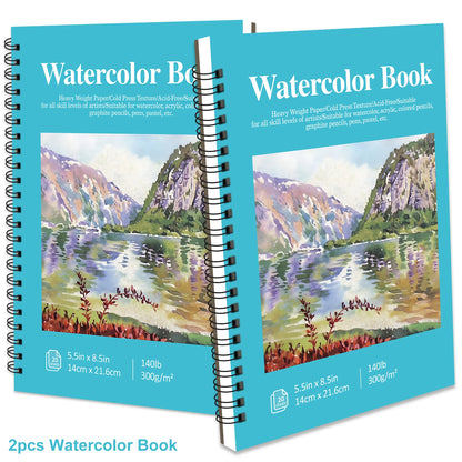 12 Sheets 2 PCS Watercolor Sketchbook 14.81 x 21.01 cm, Cold Press Paper (63.5KG/300gsm) Spiral Bound
