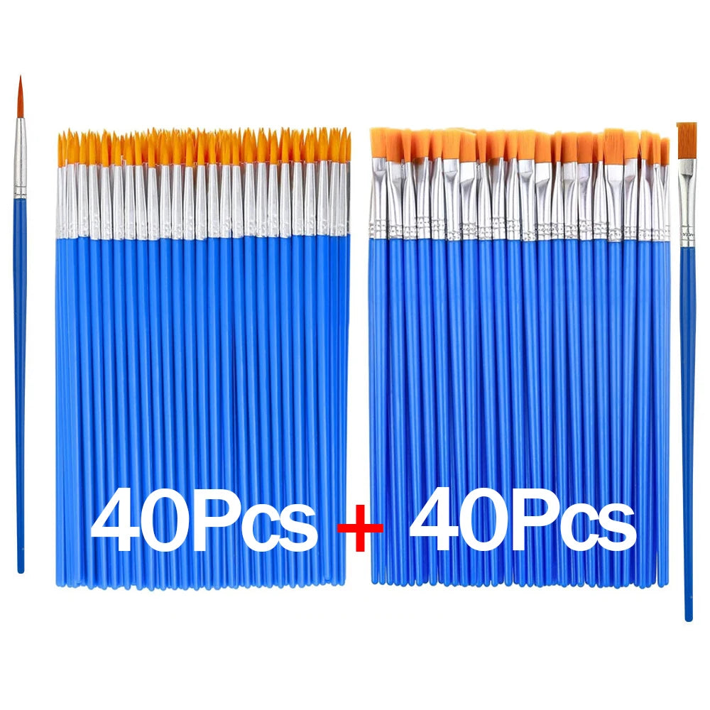 20–200 PCS Paint Brush Set – Round & Flat Nylon Hair Brushes for Oil, Acrylic & Watercolor Painting