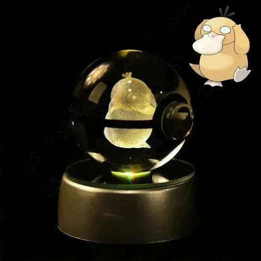 Psyduck LED Anime Figure, 3D Pokemon Crystal Ball Figurine, Glass Pokeball Night Light Lamp Base Gift 5 CM