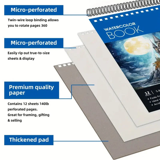 12 Sheets 2 PCS Watercolor Sketchbook 14.81 x 21.01 cm, Cold Press Paper (63.5KG/300gsm) Spiral Bound