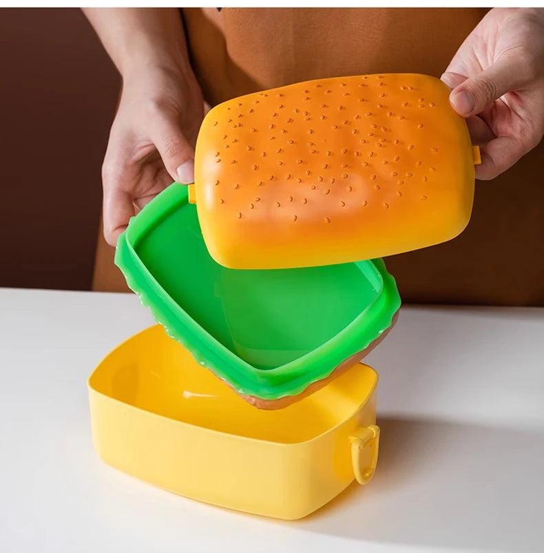 Cute Kawaii Double-Tier Burger Bento Box for Kids, Microwave Safe Fun and Functional Lunchware