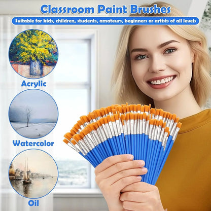 20–200 PCS Paint Brush Set – Round & Flat Nylon Hair Brushes for Oil, Acrylic & Watercolor Painting
