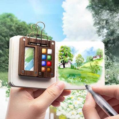 Travel Paint Palette Mini Watercolor Palette Set with Clip Portable Watercolor Set Wooden Grid Box