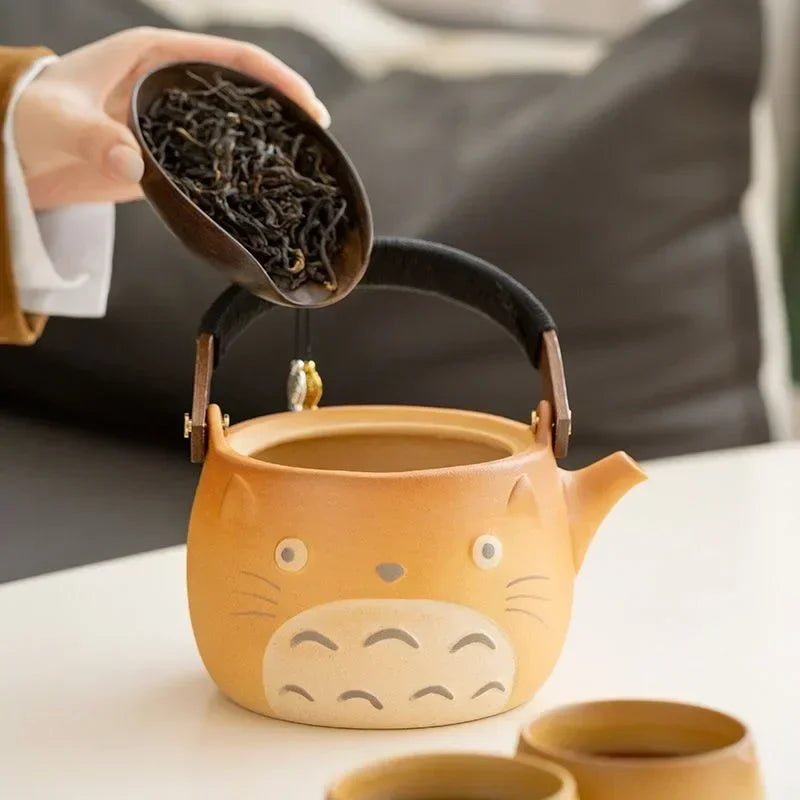 My Neighbor Totoro Ceramic Teapot Teacups Set, Anime Studio Ghibli Cute Cat Rough Pottery Cooking Teapot Tea Table Accessories