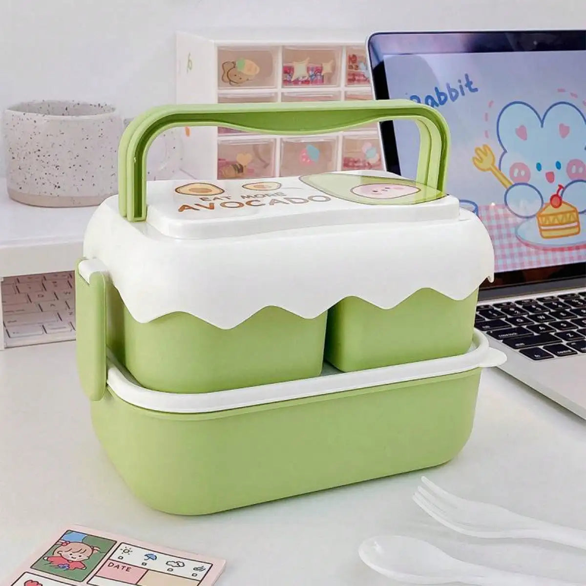 Double-Layer Fruit Lunch Box, Household Tableware Outdoors Portable Bento Box with Spork And Spoon