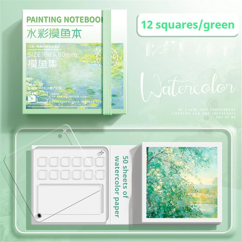 Portable Mini Watercolor Sketchbook with Paint Tray - 50 Sheets, Medium Thick Paper, Ideal for On-the-Go (Paint Not Included)