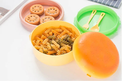 Cute Kawaii Double-Tier Burger Bento Box for Kids, Microwave Safe Fun and Functional Lunchware