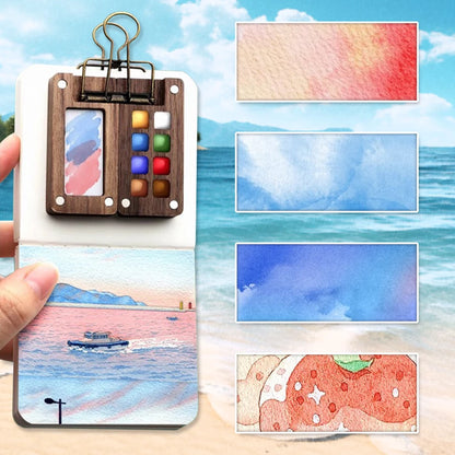 Travel Paint Palette Mini Watercolor Palette Set with Clip Portable Watercolor Set Wooden Grid Box