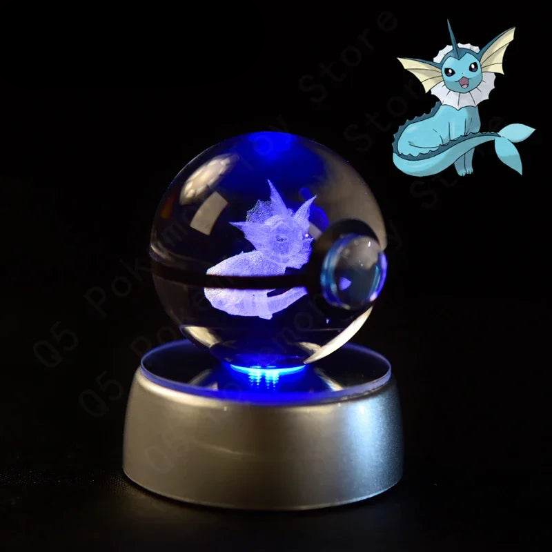 Vaporeon LED Anime Figure, 3D Pokemon Crystal Ball Figurine, Glass Pokeball Night Light Lamp Base Gift 5 CM