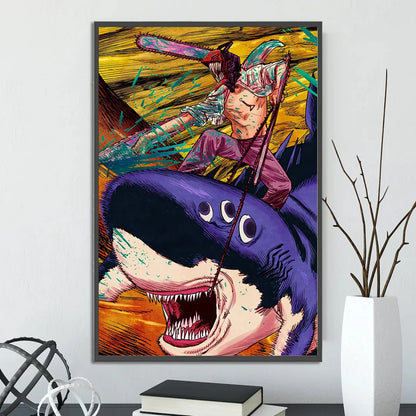 Chainsaw Man Self-adhesive Poster Wallpaper, Anime Wall Art Home Decoration Painting For Bedroom Computer Decor (Frames Not Included)