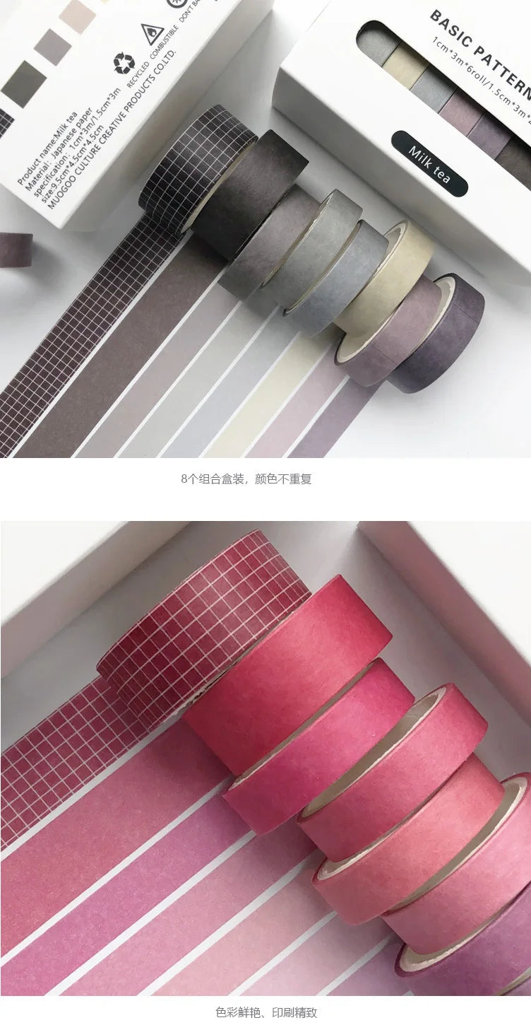 Pure Color Washi Tape Set – 8 Rolls per Box for Scrapbooking, Journals & School Supplies