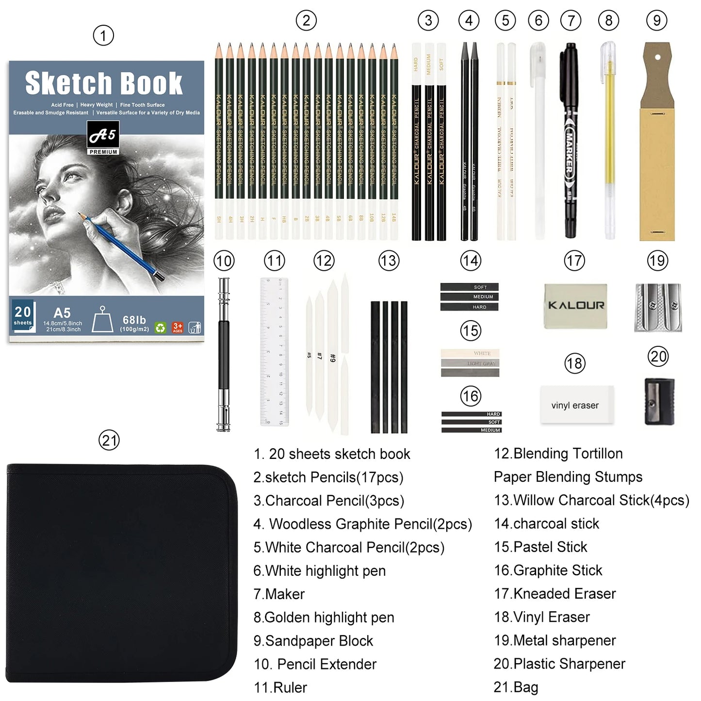54-Pack Sketch Drawing Pencils Kit – Artist’s Advanced Sketch Art Supplies with Sketchbook, Graphite & Charcoal Pencils