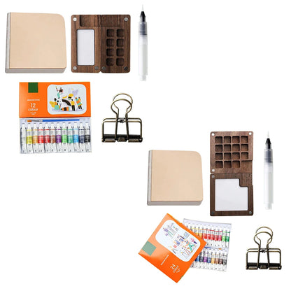 Travel Paint Palette Mini Watercolor Palette Set with Clip Portable Watercolor Set Wooden Grid Box