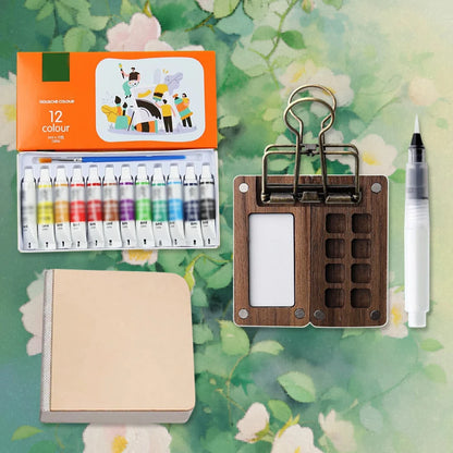 Travel Paint Palette Mini Watercolor Palette Set with Clip Portable Watercolor Set Wooden Grid Box