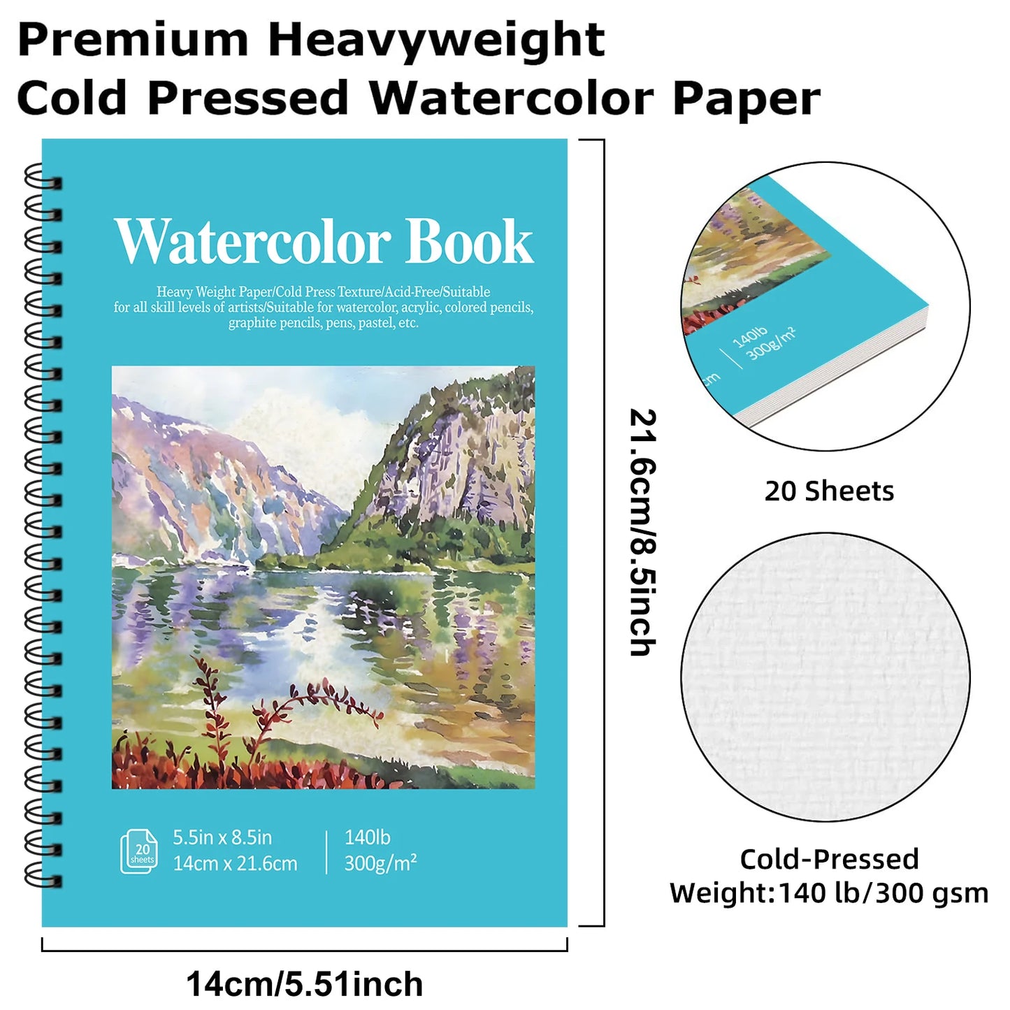 12 Sheets 2 PCS Watercolor Sketchbook 14.81 x 21.01 cm, Cold Press Paper (63.5KG/300gsm) Spiral Bound
