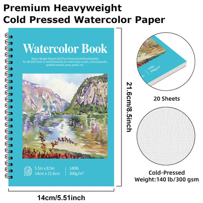 12 Sheets 2 PCS Watercolor Sketchbook 14.81 x 21.01 cm, Cold Press Paper (63.5KG/300gsm) Spiral Bound