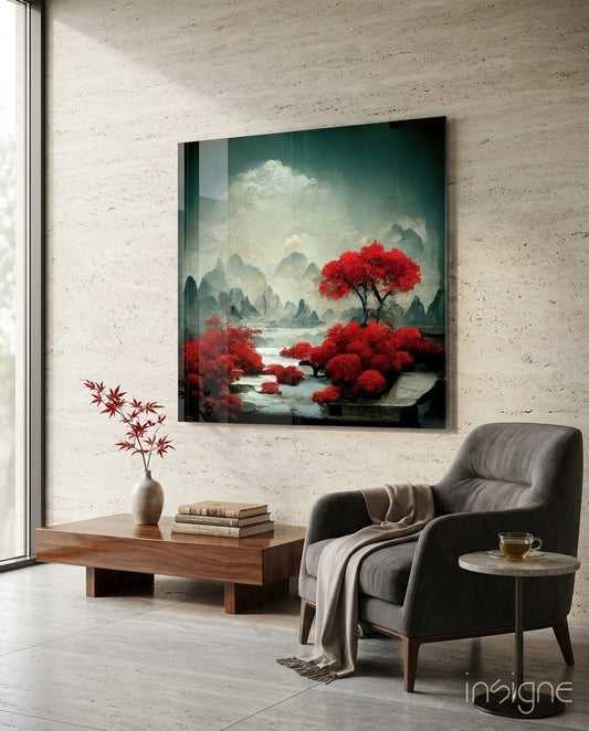 Red Forest Glass Wall Art  || Designer Collection
