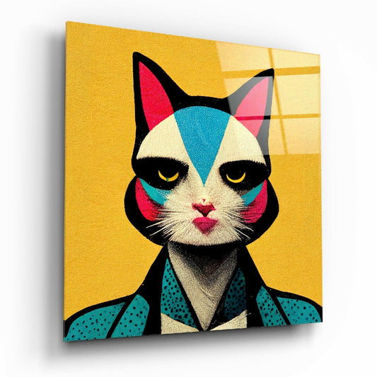 Retro Cat in Teal Dotted Jacket Glass Wall Art