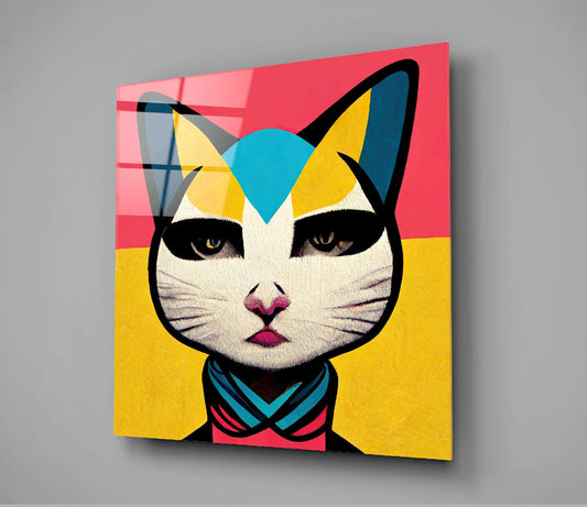 Pop Art Cat Pink and Yellow Split Glass Wall Art
