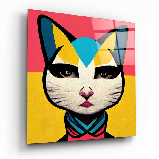 Pop Art Cat Pink and Yellow Split Glass Wall Art