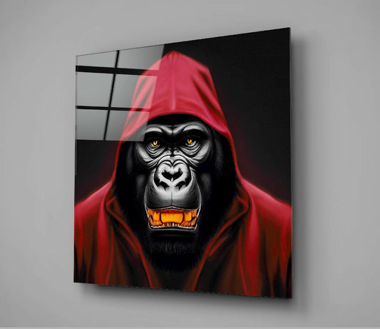 Red Hooded Gorilla with Gold Teeth Glass Wall Art