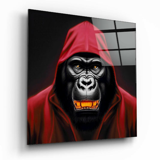 Red Hooded Gorilla with Gold Teeth Glass Wall Art