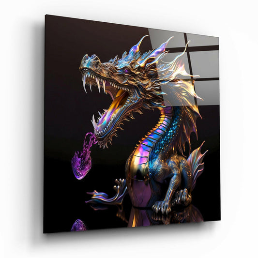 Chrome Dragon Breathing Purple Flame Glass Wall Art