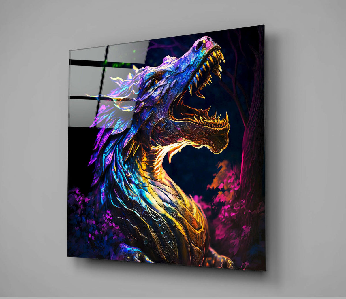 Neon Purple Dragon in Glowing Forest Glass Wall Art