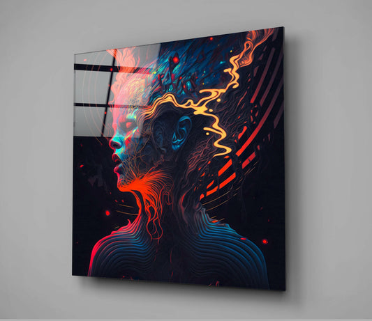 Red Blue Neon Swirl Head Profile Glass Wall Art