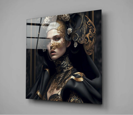 Black Cloak Gold Baroque Woman Glass Wall Art