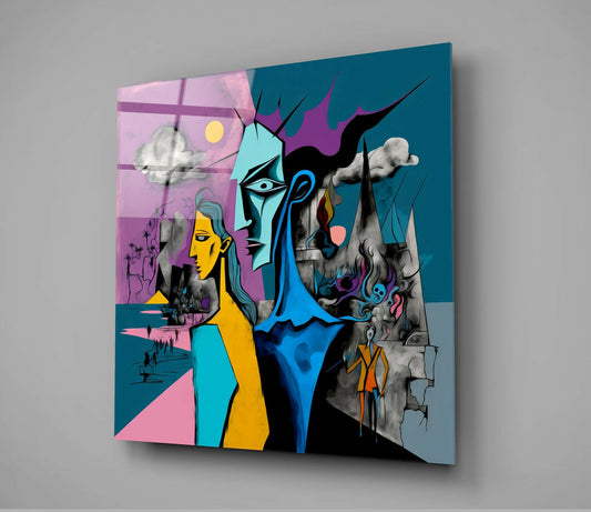 Yellow Woman Cubist Faces Glass Wall Art