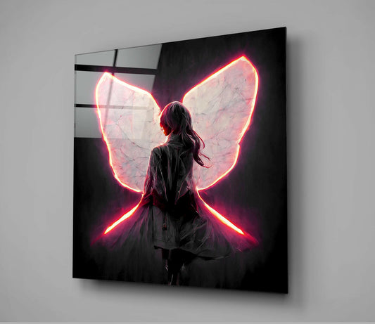 Glowing Red Neon Wings Girl Glass Wall Art