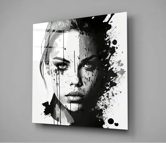 Black and White Ink Splash Woman Face Glass Wall Art