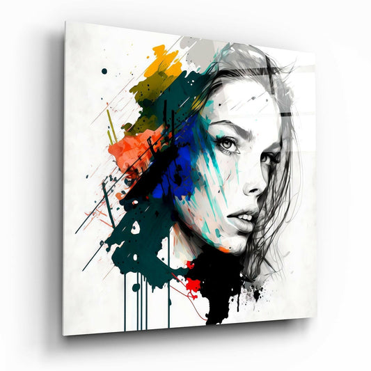 Rainbow Paint Smear Woman Face Glass Wall Art