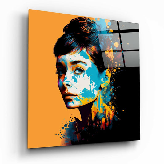 Orange Backdrop Blue Splash Woman Portrait Glass Wall Art