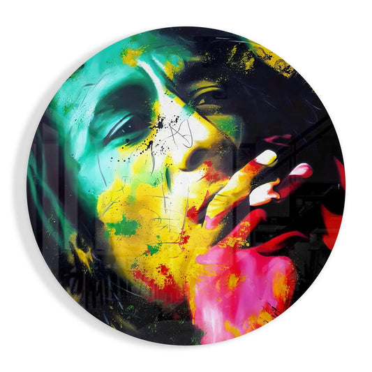 Round Neon Splash Reggae Portrait Glass Wall Art