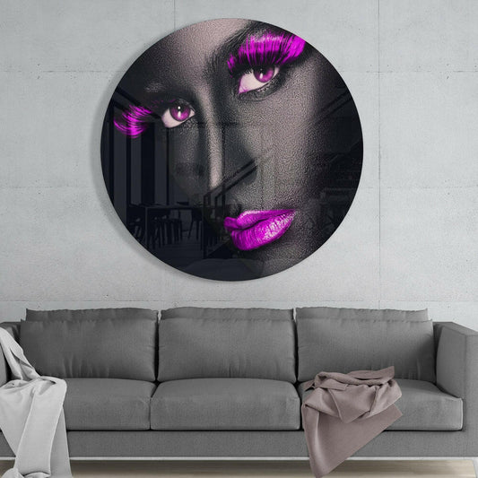 Purple Lashes and Lips Gray Face Glass Wall Art