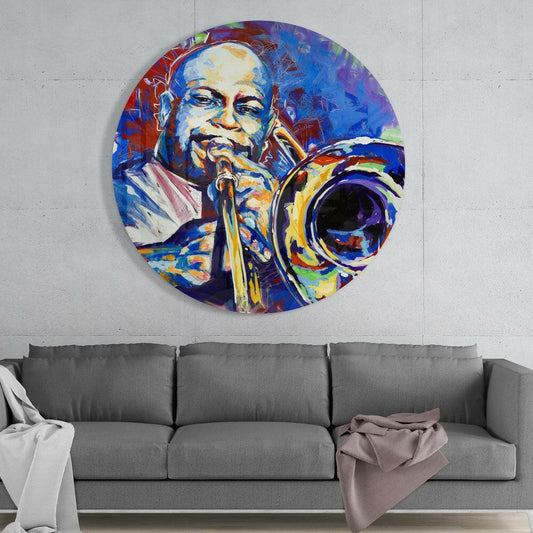 Painted Trombone Player on Blue Round Glass Wall Art
