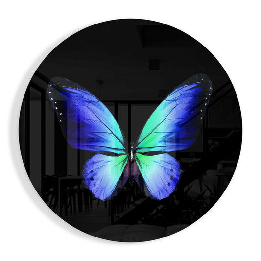 Blue Green Butterfly on Black Glass Wall Art