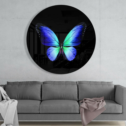 Blue Green Butterfly on Black Glass Wall Art