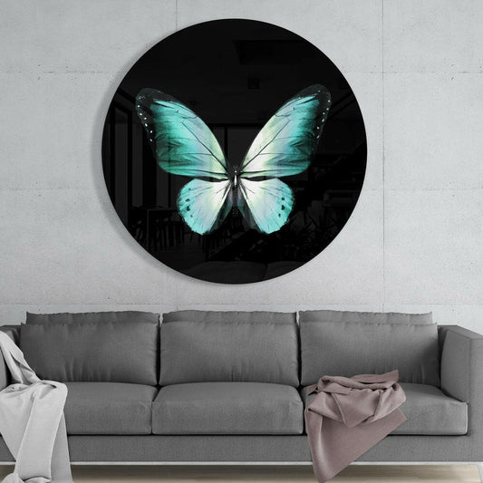 Turquoise Butterfly on Black Glass Wall Art